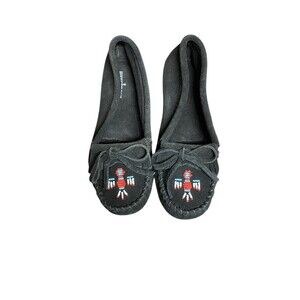 Minnetonka Thunderbird Moccasin Loafer size 9 Black red white blue beaded bird